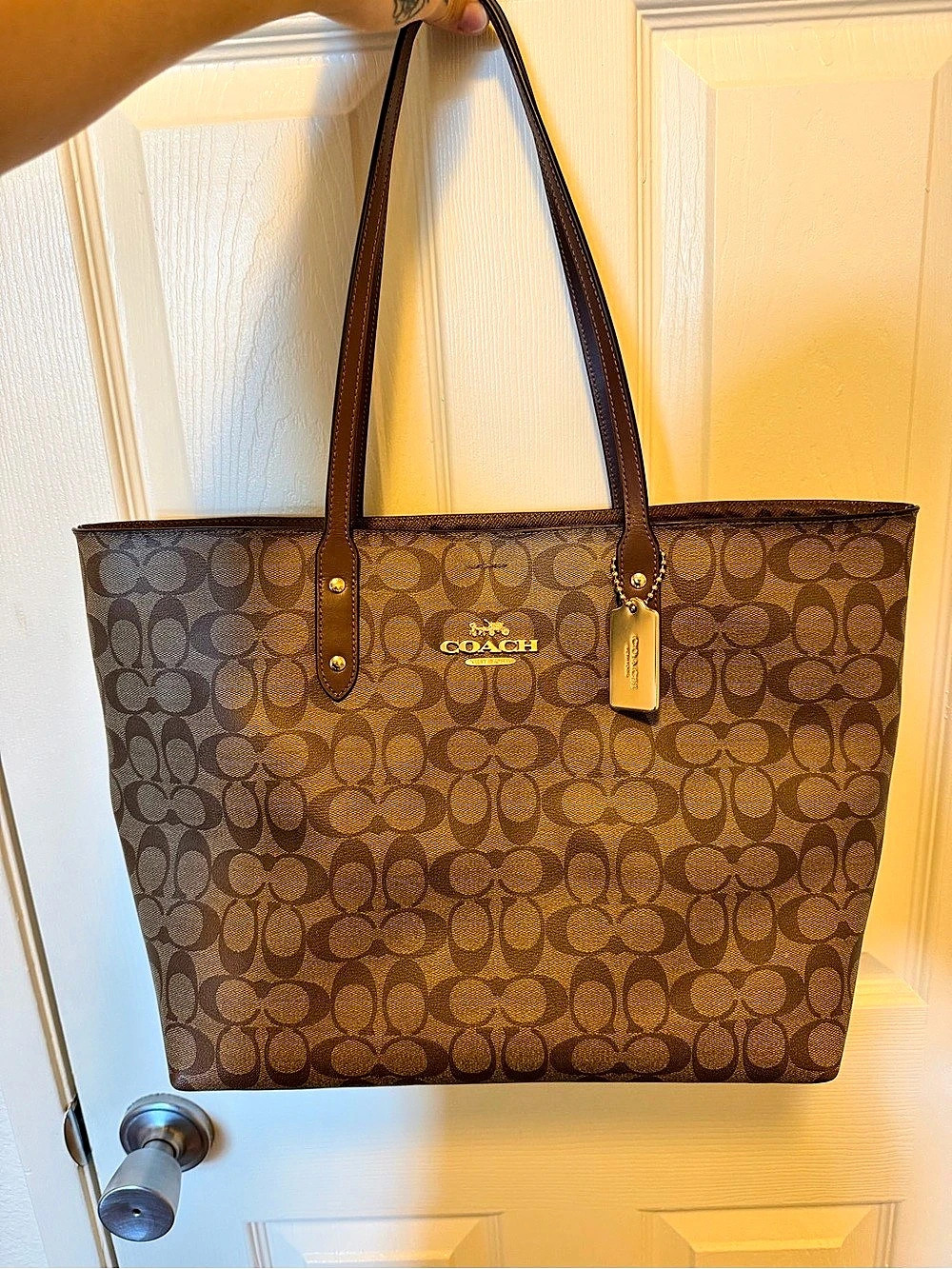 Coach Town Tote In Signature Canvas Brown With Gold Logo